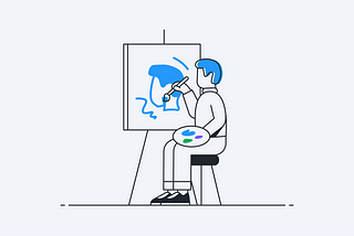 An illustration of a seated man painting a portrait on a canvas