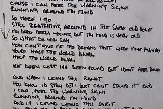 handwritten lyrics by Noel Gallagher to four Oasis songs