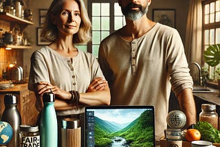 A 40-year-old man and woman standing in a warmly lit room, surrounded by items that reflect their personal values. The items include a reusable water bottle, a fair-trade coffee mug, a family photo, a stack of books on personal growth, and a laptop with a nature background on the screen. The setting conveys a sense of authenticity, simplicity, and commitment to values such as sustainability, family, and lifelong learning.