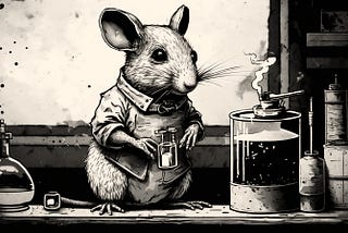 A black and white ink drawing of a rat in a lab coat conducting experiments.