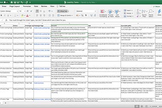 Usability tasks formatted as a table in Microsoft Excel with column headings for important data