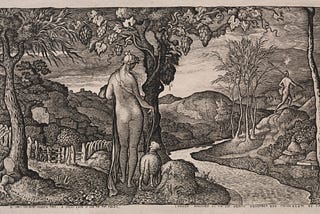From the description provided on Archive.org: “In the idyllic landscape of The Bride, a nymphlike figure stands upon the bank of a meandering brook. In the distance, a man invoking the god Mercury strides over the hills.”