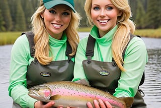 Two blonde women in waders holding a rainbow trout