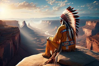 An American Indian contemplating a canyon sunset.