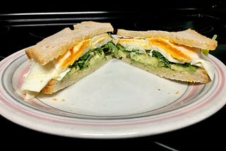 Sandwich made with sourdough, eggs, avocado, arugula, and hot sauce on a plate.