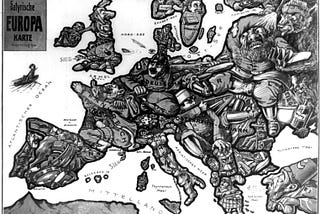 Print shows a map of Europe at the outbreak of the first World War with each country depicted as a human figure representative of the particular state of affairs or attitudes of the country, for instance, Germany is depicted as a soldier fighting with both Russia and France, while eyeing England.