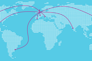 A map of the world with lines from the UK to major cities five continents