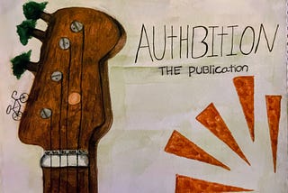 Hand-drawn illustration of a guitar headstock with trees growing from its tuning pegs and a small bicycle symbol near the strings. To the right, the words “AUTHBITION — THE PUBLICATION” are written in a playful, uneven font. Orange sunburst-style shapes radiate from the bottom right corner, adding energy to the design. The artwork combines themes of nature, music, and creativity.