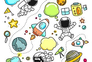 Cartoon line drawing of things floating in space — rockets, planets, asteriods, satellites, astronauts, telescopes, flags, etc.