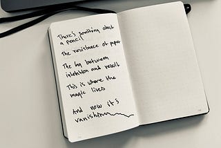 Picture of a handwritten poem in a small notebook: There’s something about a pencil. The resistance of paper. The lag between intention and result. That’s where the magic lives. And now it’s vanishing.