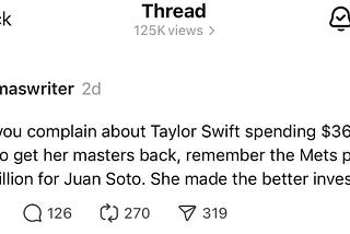 My post on Threads about Taylor Swift and Juan Soto got over 125,000 views so far.
