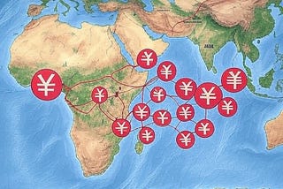 Map of Africa with Chinese Yuan symbols and trade routes connecting China to various African nations