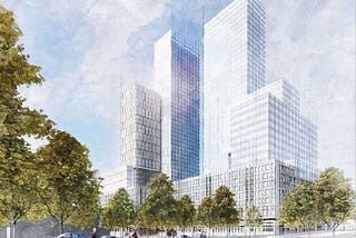 A rendering of the full proposed development, which includes multiple towers with residential and commercial units.