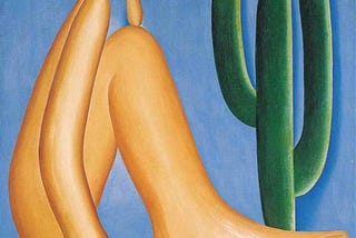 Painting representing a naked human being with a distorted figure, with an enlarged foot and hand and a small head, sitting on the edge of a rock. In the blue background, there is a deep green cactus with a yellow circle representing a native flower.