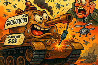 A cartoon tank labeled “$10,000,000” and “Taxpayer $$$” panics as dozens of $300 drones swarm it, while a frantic general watches in horror.