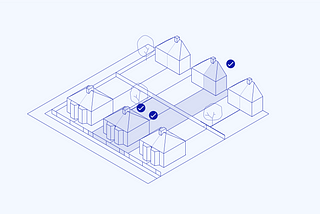 An isometric illustration of a neighbourhood of semi detached houses. Two adjacent homes, and one adjacent property to the rear have ‘opted in’, indicated by a tick by those three houses