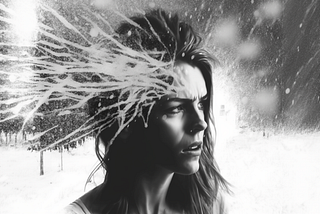 Grayscale illustration of a confused woman with a furrowed brow and with spikes of frost emanating from her forehead