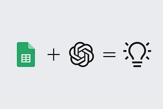 This image shows a simple equation with three icons: a Google Sheets icon on the left, an OpenAI logo in the middle, and a lightbulb on the right. The “+” symbol appears between the Google Sheets and OpenAI icons, while an “=” symbol precedes the lightbulb, suggesting that combining Google Sheets with OpenAI leads to an innovative idea or solution.