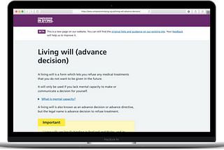Our new webpage on living wills displayed on a laptop screen to show how it looks.