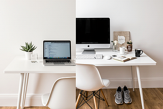 A split image comparing two work-from-home setups. The left side is a sterile, perfect, minimalist desk. The right side is a realistic, messy desk with coffee, notes, and running shoes, showing the reality of building habits in a real life.