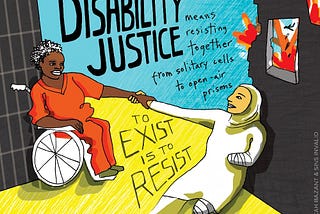 Disability justice art from Sins Invalid and Micah Bazant. It depicts a disabled black and non black POC holding hands.