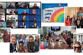 A collage of images featuring USDS employees. The top left is a virtual meeting with a screen of squares representing each attendee; Under is a photo of two USDS employees standing outside smiling; To the right a photo of three men and two women taking a selfie; To the right a photo of a people sitting around a table in an office; To the right, a photo of a man and a woman smiling in front of the White House; above, five women stand in front of a portrait; To the left, a “Happy USDS Day” cake