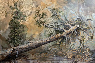 Painting of a fallen tall pine tree with ephemeral wavy lines suggesting sound waves.