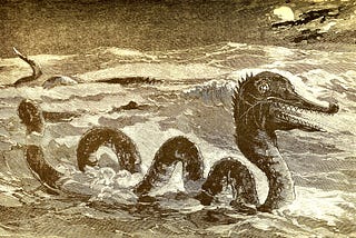 Drawing of a “Great Sea Serpent” (Oudemans, A. C., Public domain, via Wikimedia Commons at https://commons.wikimedia.org/wiki/File:The_great_sea-serpent_(Page_57)_BHL41617299.jpg)