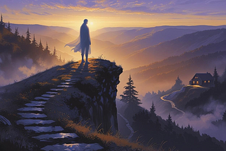 image of a figure standing on a cliff looking accross a great divide with a long path home, psychedelics, integration, caution of joy