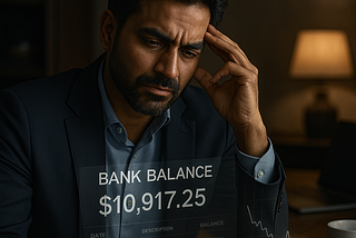 A hyper-realistic digital photograph of a South Asian executive standing by a large window in a high-rise office, staring thoughtfully at the city skyline. The room is sleek and minimal, with faint overlays of financial graphs and a glowing bank balance floating behind him — symbolizing the illusion of monetary wealth contrasted with internal clarity and freedom.