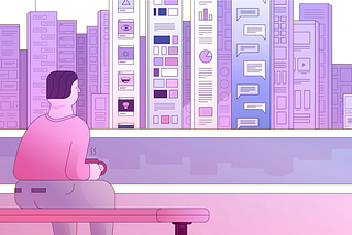 Digital wellness illustration by Shai Glickman showing person sitting on bench looking at UI elements on skyscrapers