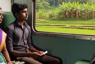 A young Tamil man is setting next to a young Tamil woman in a railway compartment as the train speeds along in a verdant green landscape with paddy fields and banana trees.