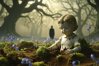 image of cracked porceline doll child in meadow with adult self represented as dissociation in distant background, psychedelics, healing