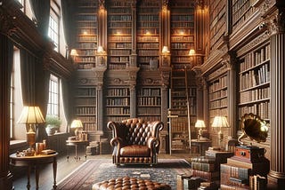 A large and spacious personal library with warm and inviting lighting
