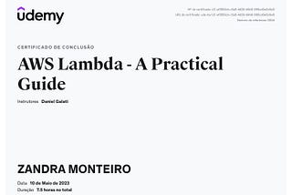 A certificate shows AWS Lambda — A Practical Guide, by Daniel Galati