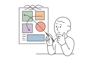 A minimalist digital illustration shows a thoughtful character with a pen, analyzing a clean layout made of soft-colored geometric shapes (green, orange, purple, red, and blue) on a white background. The character draws dashed and curved lines between the shapes, suggesting hierarchy and structure, representing a designer evaluating meaning rather than creating visuals.