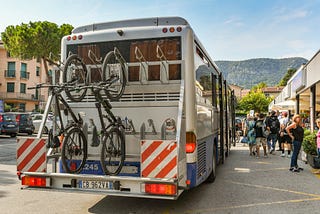 A standard bike rack on a bus. These were a start, but we need Bike-Adapted-Buses that can carry 40+ bikes.
