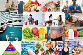 A collage of pictures showing the importance of holistic health programs, optimal nutrition, and the wise choice of supplements when they are beneficial and needed.