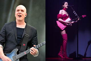 Separate pictures of Devin Townsend and St. Vincent, both playing electric guitars