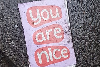 a card discarded on a rainy street that says “you are nice” in white letters on a red and pink background