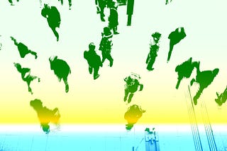 Aerial view of people walking with blue, yellow, green filter