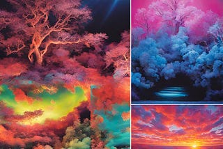 A collage of four images showcasing vibrant and surreal landscapes with trees and clouds, illuminated by different hues of light.