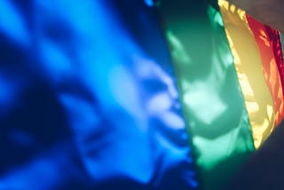 Bandeira horizontal com faixas verticais exibindo as cores do LGBTQIA+.