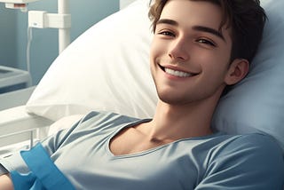 AI-generated image of a smiling young man lying on a hospital bed