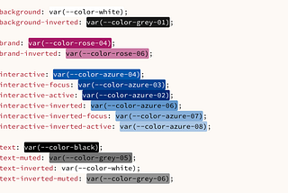 Screenshot from a code editor application showing CSS Custom Property design tokens for systematic colors