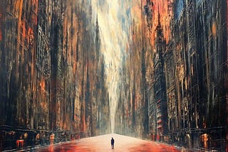 An artistic rendering of a small figure standing in the middle of a street with very tall buildings on either side. The perspective is of a long street fading to a point in the horizon. The street is washed with red approaching the figure.