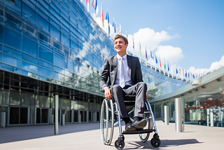 A young white man in a suit. He is in a wheelchair outside of the european parliament building. It is a glass building which curves and around the top of the building are rows of flags representing EU countries.
