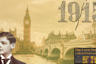 An yellowized image of Westminster bridge and Clock tower with the date 1915 and a very young boy, T.S. Eliot in black and white.