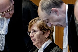 ICJ President Joan Donoghue addresses the court of The Hague giving the verdict on initial measures to be taken by Israel