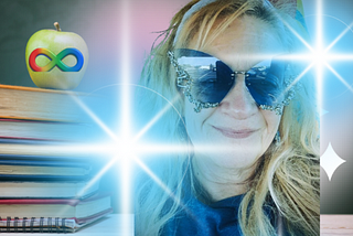 Image created by the author using a selfie with butterfly sunglasses surrounded by white and blue stars, a stack of books, and an apple with the autism infinity symbol